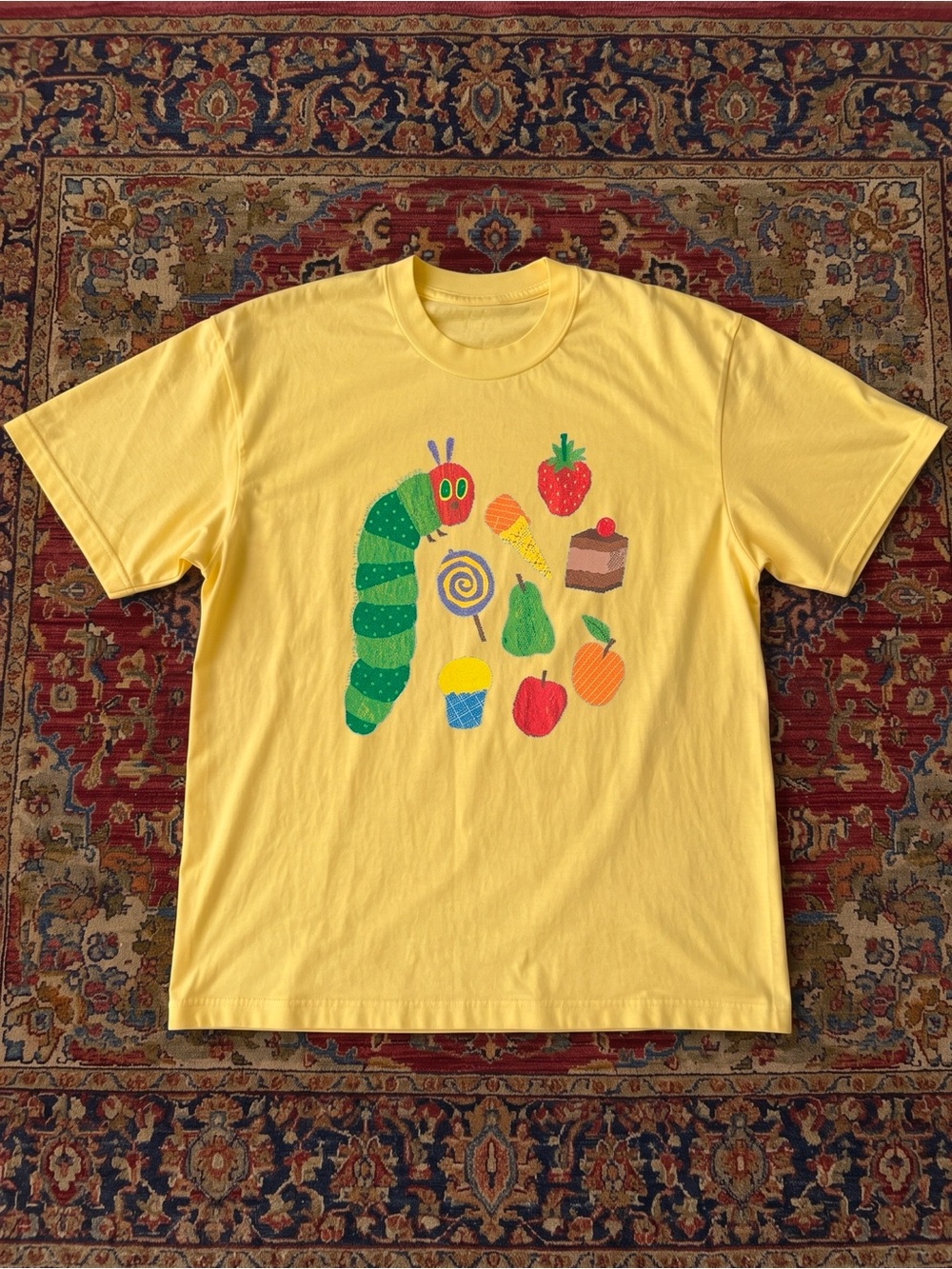 Gildan Yellow Graphic Tee with Colorful Caterpillar Motif